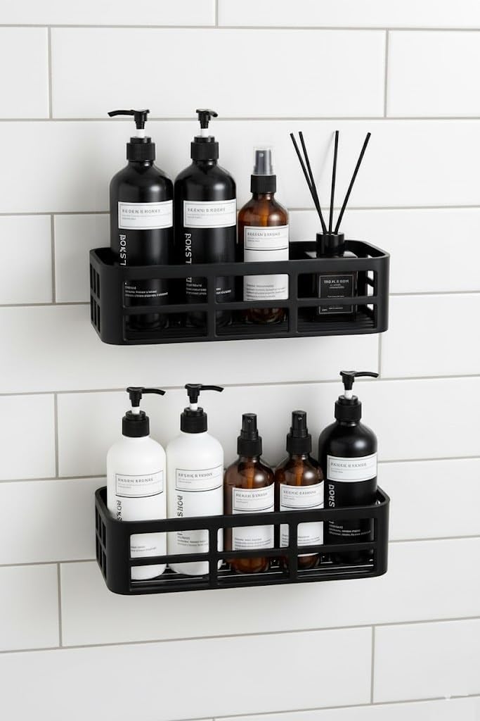 Yapışkanlı Duş Rafı – 2 Adet Paslanmaz Banyo Şampuanlık Organizer | Delmeden Montaj | Geniş Kapasiteli Duş Organizeri | Siyah Plastik Raf – Banyo Mutfak Uyumlu