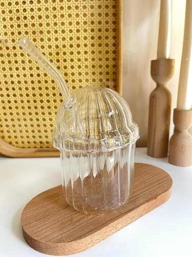 500ml Cam Kapaklı Pipetli Bardak, Kalın Çizgi Desenli Soğuk İçecekler için Kahve Meyve Suları, Çayları için Brokosilikat BPA İçermeyen Sağlıklı Ergonomik Şık Tasarım