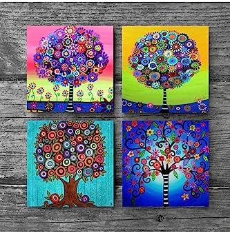 Hayat Ağacı Taş Bardak Altlığı Seti - 4 Parça - Dekoratif, Rustik Mutfak Aksesuarı, 10x10 cm, Kaydırmaz Tabanlı, Şık ve Dayanıklı SC150