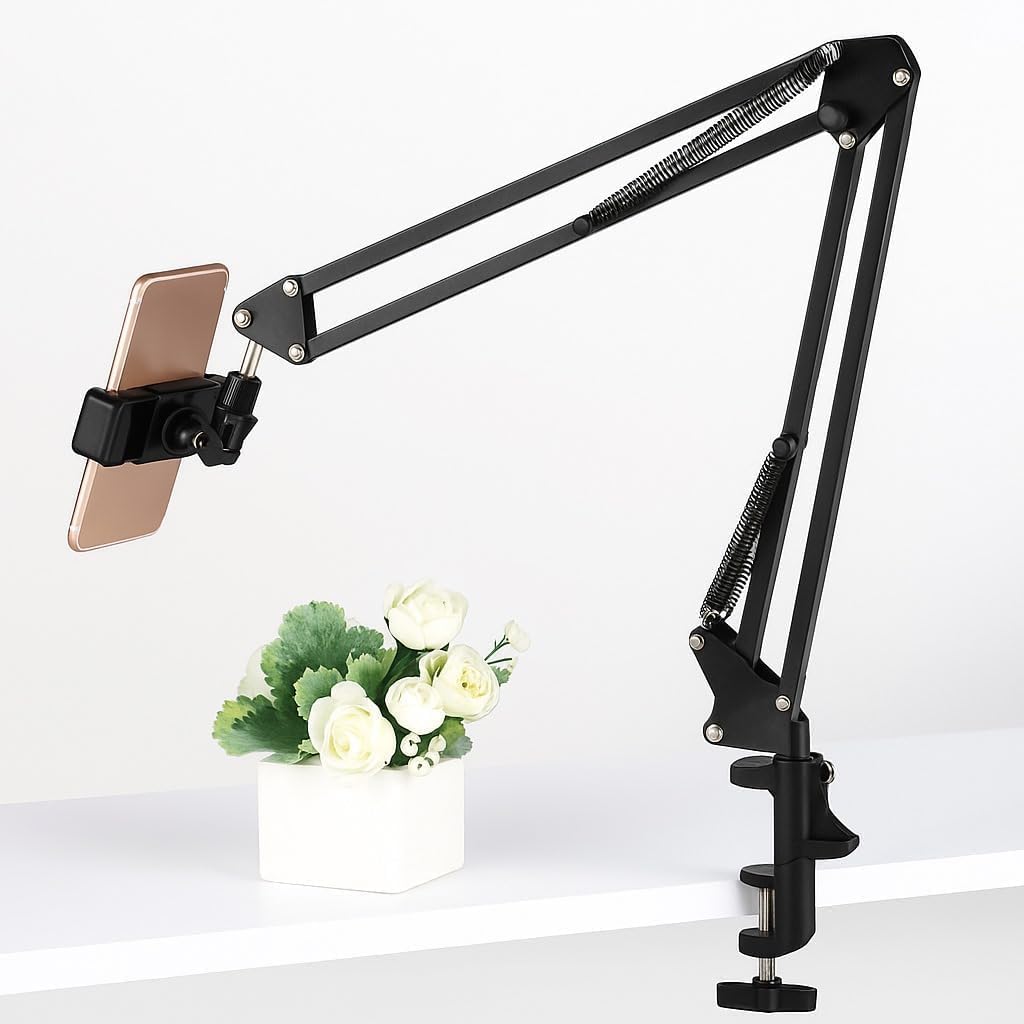 360° Üst Çekim Masaüstü Telefon Tripodu | Ayarlanabilir Süspansiyon Kol, Metal Kaymaz Taban, Evrensel Telefon Tutucu, Siyah