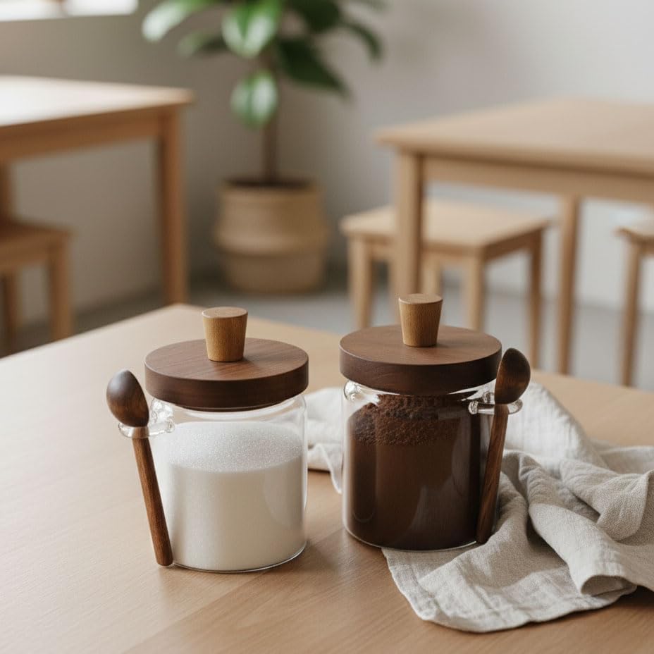 1 Adet Akasya Kapaklı ve Kaşıklı Cam Kavanoz 500 ml | Mutfak İçin Borosilikat Baharatlık, Şekerlik, Kahvelik | Çap 9 cm, Yükseklik 13 cm | Hava Geçirmez, Doğal Ahşap