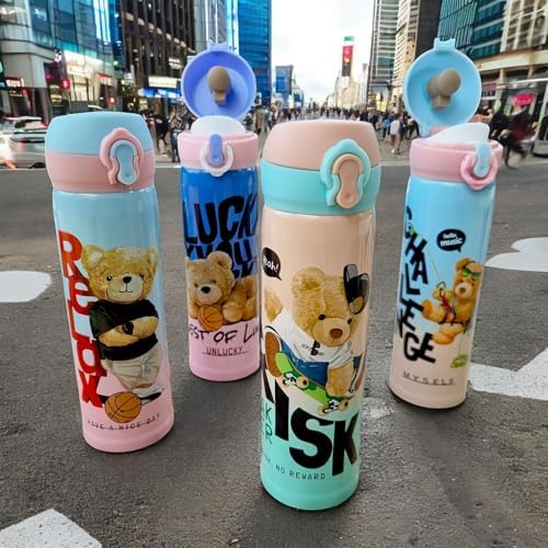 Sevimli Ayıcık Tasarımlı 500 ml Paslanmaz Çelik Termos – Çocuk ve Gençlere Özel, ve Soğuk İçecekler İçin, Taşınabilir ve Sızdırmaz, Renkli ve Eğlenceli Hediye Alternatifi