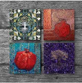 Hayat Ağacı, Nar Taş Bardak Altlığı Seti - 4 Parça - Dekoratif, Rustik Mutfak Aksesuarı, 10x10 cm, Kaydırmaz Tabanlı, Şık ve Dayanıklı SC485