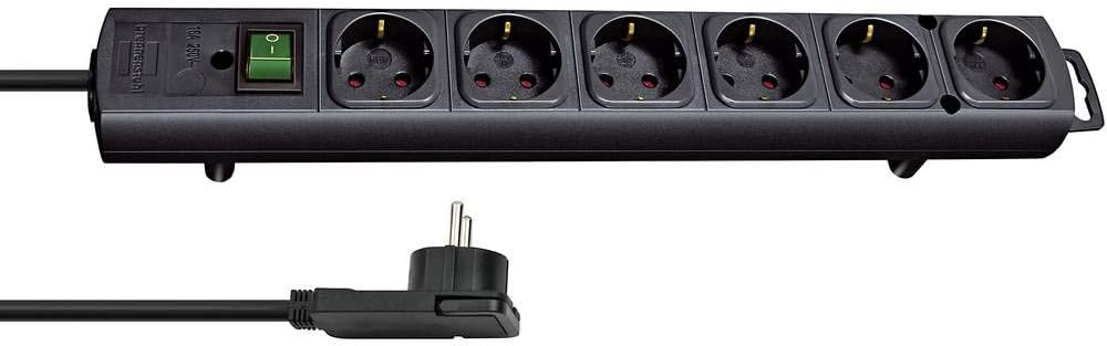 - Plus 6'lı çoklu priz (yassı fişli, şalterli, 2 m kablolu ve ekstra geniş priz mesafeleri) siyah