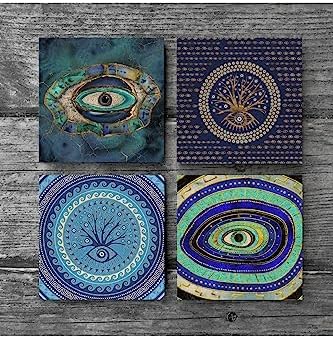 Nazar Taş Bardak Altlığı Seti - 4 Parça - Dekoratif, Rustik Mutfak Aksesuarı, 10x10 cm, Kaydırmaz Tabanlı, Şık ve Dayanıklı SC183