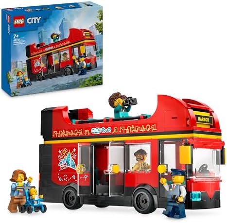 City Kırmızı İki Katlı Gezi Otobüsü 60407 – 7 Yaş ve Üzeri Kız ve Erkek Çocuklar için Yılbaşı Hediyesi Fikri, 4 Minifigür ve 1 Bebek Figürü İçeren Yaratıcı Oyuncak Yapım Seti (384 Parça)