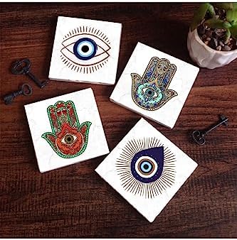 Nazar, Fatma Ana Eli  Taş Bardak Altlığı Seti - 4 Parça - Dekoratif, Rustik Mutfak Aksesuarı, 10x10 cm, Kaydırmaz Tabanlı, Şık ve Dayanıklı SC403