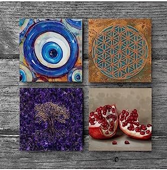 Nazar, Yaşam Çiçeği, Hayat Ağacı, Nar Taş Bardak Altlığı Seti - 4 Parça - Dekoratif, Rustik Mutfak Aksesuarı, 10x10 cm, Kaydırmaz Tabanlı, Şık ve Dayanıklı SC465