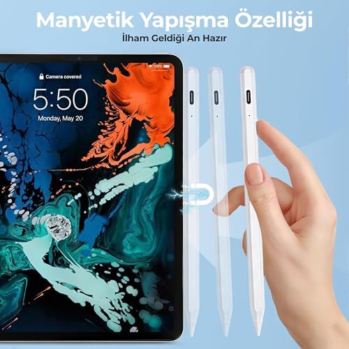 iPad Stylus Tablet Kalemi – USB-C Hızlı Şarj, Rejection, 8 Saat Pil Ömrü, Pencil Alternatifi, iPad 6/7/8/9/10, Air, Pro, Mini ile Uyumlu, 2 Yedek Uç