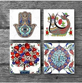 Şahmeran, Çini Sanatı, Nar Ağacı, Fatma Ana Eli  Taş Bardak Altlığı Seti - 4 Parça - Dekoratif, Rustik Mutfak Aksesuarı, 10x10 cm, Kaydırmaz Tabanlı, Şık ve Dayanıklı SC186