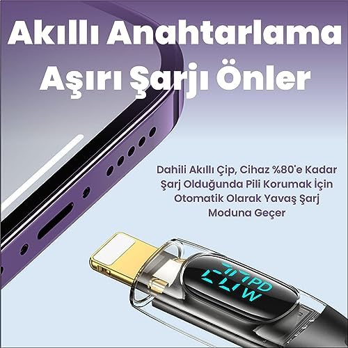 US-SJ588 Dijital Göstergeli 1.2m PD 20W Type-C to Lightning Hızlı Şarj ve Data Kablosu