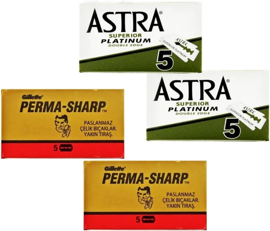 2 Adet 5'li Kutu Astra ve 2 Adet 5'li Kutu Permasharp Çift Taraflı Tıraş Bıçağı, Toplam 20 Adet Yaprak Jilet