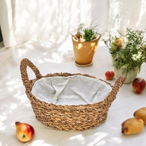 El Yapımı Doğal Hasır Kulplu Çok Amaçlı Dekoratif Yuvarlak Sepet, Hasır Kulplu Ekmek Sepeti (27x8cm)