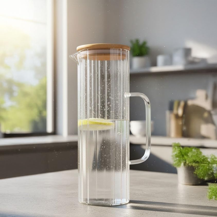 1000ml Bambu Kapaklı Borosilikat Cam Yağlık & Sürahi – Şık, Dayanıklı ve Sağlıklı Saklama Çözümü (8cm x 20cm)