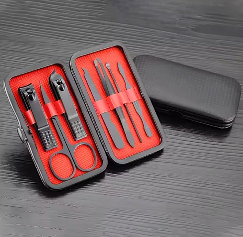 7 Parça Profesyonel Manikür Pedikür Seti, Siyah Taşıma Çantalı, Kırmızı İç Tasarım