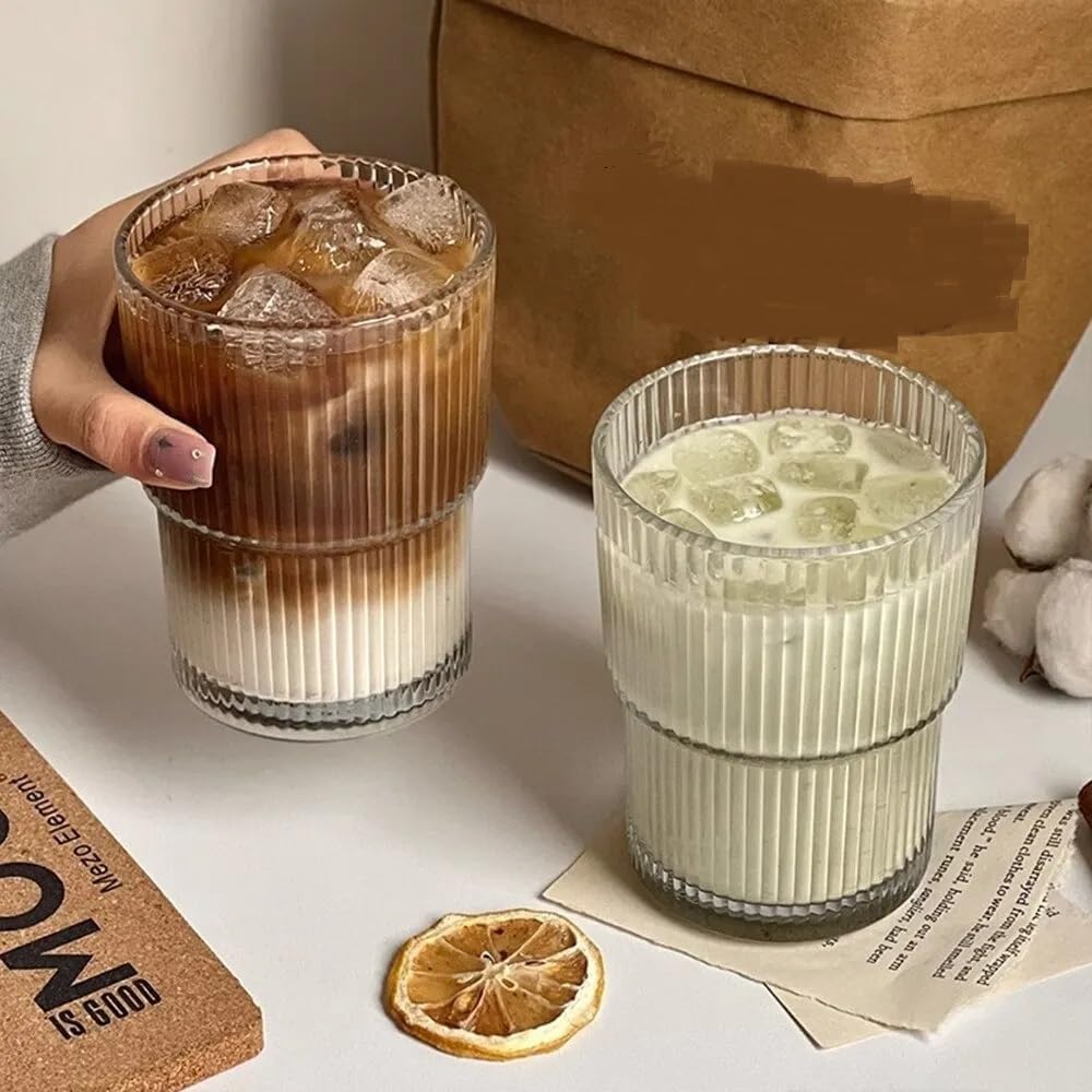 2 Adet 280 ml Origami Dayanıklı Çizgili Desenli Cam Bardak Kahve Çay Sunum Bardağı