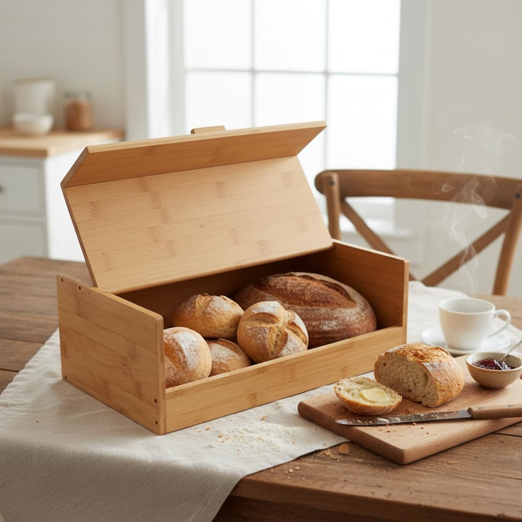 Bambu Ekmek Kutusu - Ekmek Dolabı, Çok Amaçlı Ekmeklik, Doğal Bambu Saklama Kutusu (40x23x14cm) - Mutfak, Tezgah ve Kiler İçin