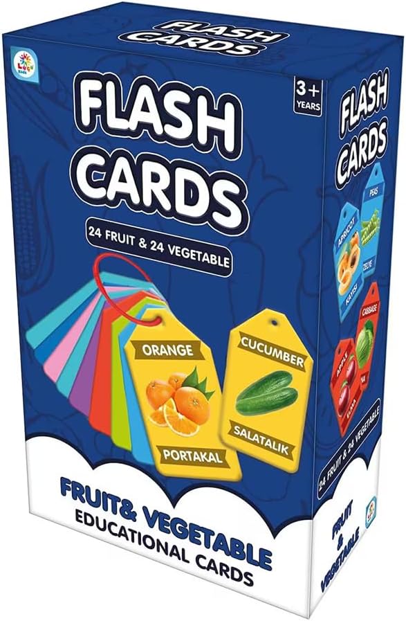 Meyve ve Sebze Eğitim Kartları, 48 Türkçe-İngilizce Kelime, 3+ Yaş