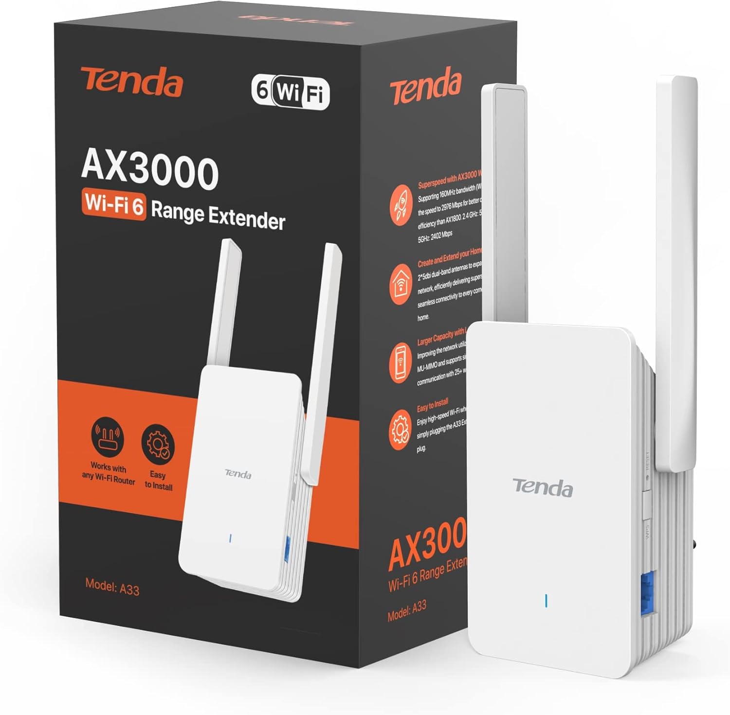 A33 AX3000 Wi-Fi 6 Tekrarlayıcı, WiFi Sinyal Güçlendirici, 2.4GHz/5GHz Çift Bant, Yönlendiricilerle Uyumlu Wi-Fi Genişletici, Ap Modu, WPS Düğmesi, Akıllı LED Sinyali Beyaz