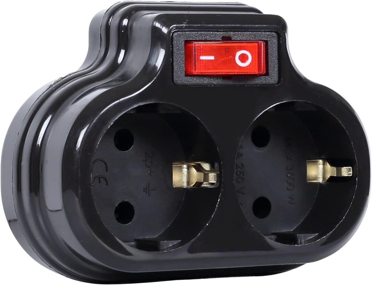 2'li Anahtarlı, İkili Topraklı Priz Çoklayıcı Fiş, Siyah renk, 16A 250 Volt, Max 3600 Watt (Siyah)