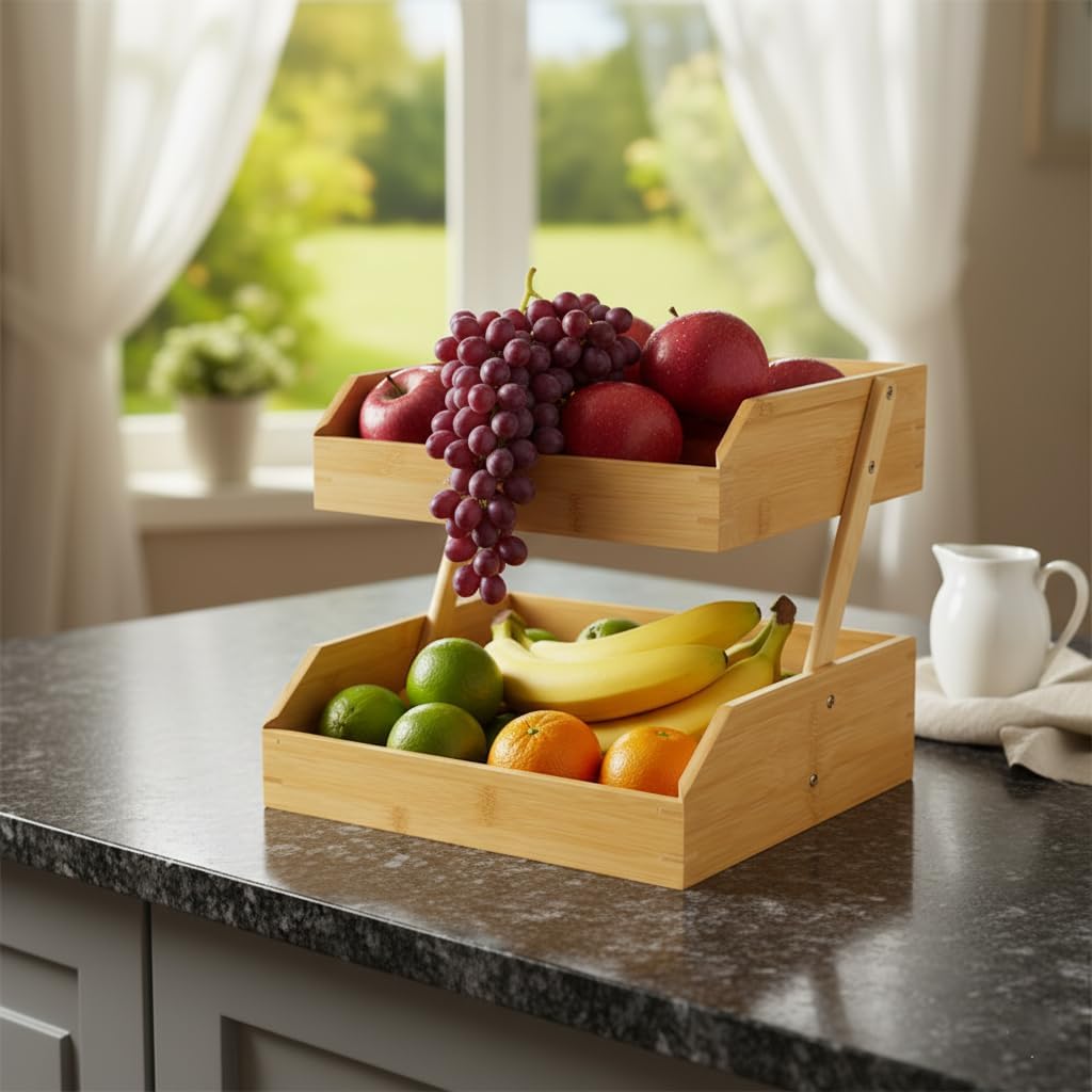 Doğal Bambu İki Katlı Dekoratif Mutfak ve Banyo Organizeri | Çok Amaçlı Düzenleyici Raf | Meyvelik, Sebzelik, Baharatlık, Banyo Rafı | 26x32x23 cm