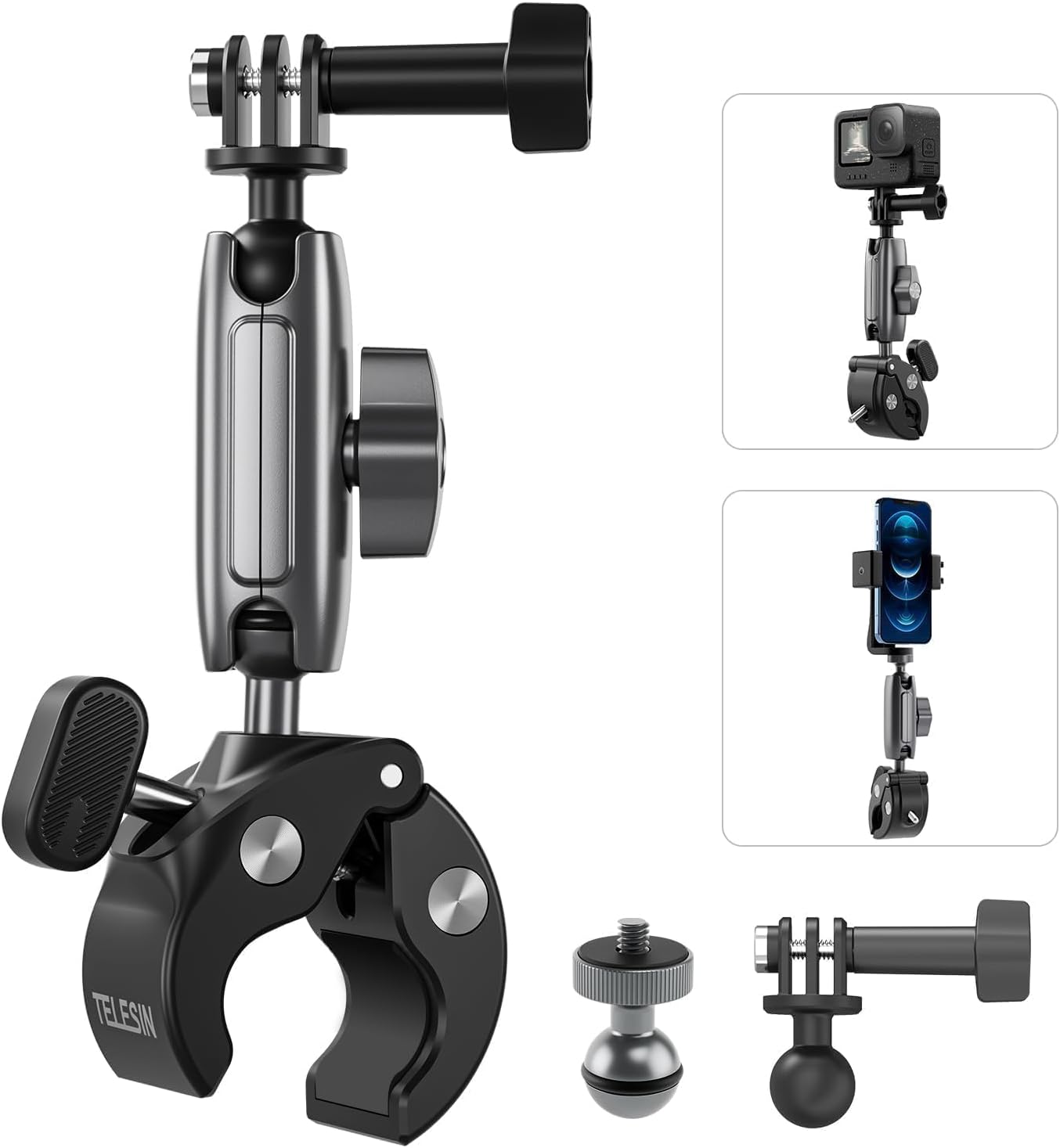 Motosiklet Gidonu Bisiklet Montaj Kelepçeleri için Hero 13 12 11 10 9 DJI OSMO Action 5 Pro 4 3,360° Çift Top Başlı Kelepçe Tutucu 1/4-20 mm Kamera ve Telefon için Adaptör