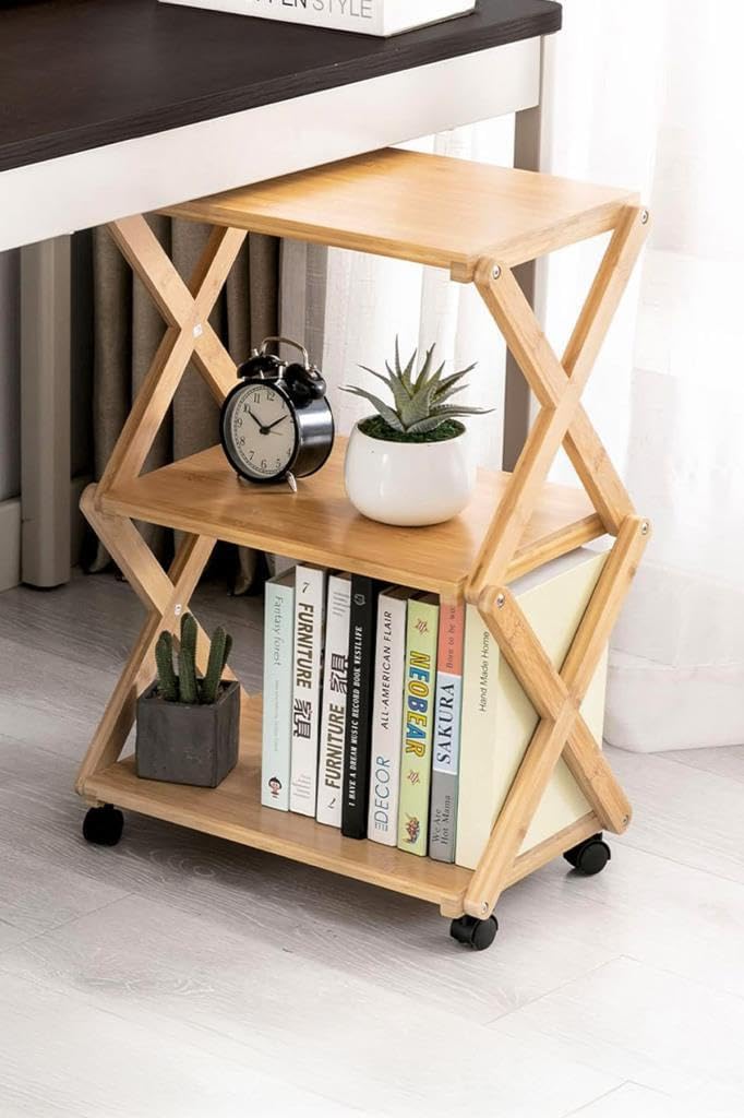 Bambu 3 Raflı Tekerlekli Sehpa Düzenleyici Raf Çok Amaçlı Organizer DB-0023
