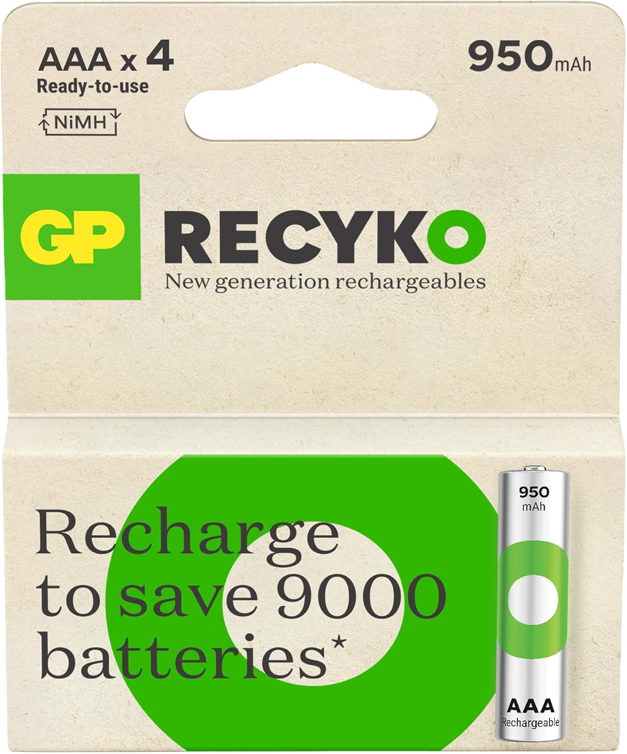 GP Batteries Recyko 950 AAA İnce Kalem Ni-Mh Şarjlı Pil, 1.2 Volt, 4'lü Kart