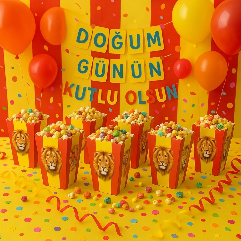 Partinity Sarı Kırmızı Aslan Temalı Popcorn Kutusu, 8'li Set, Doğum Günü Parti Malzemesi