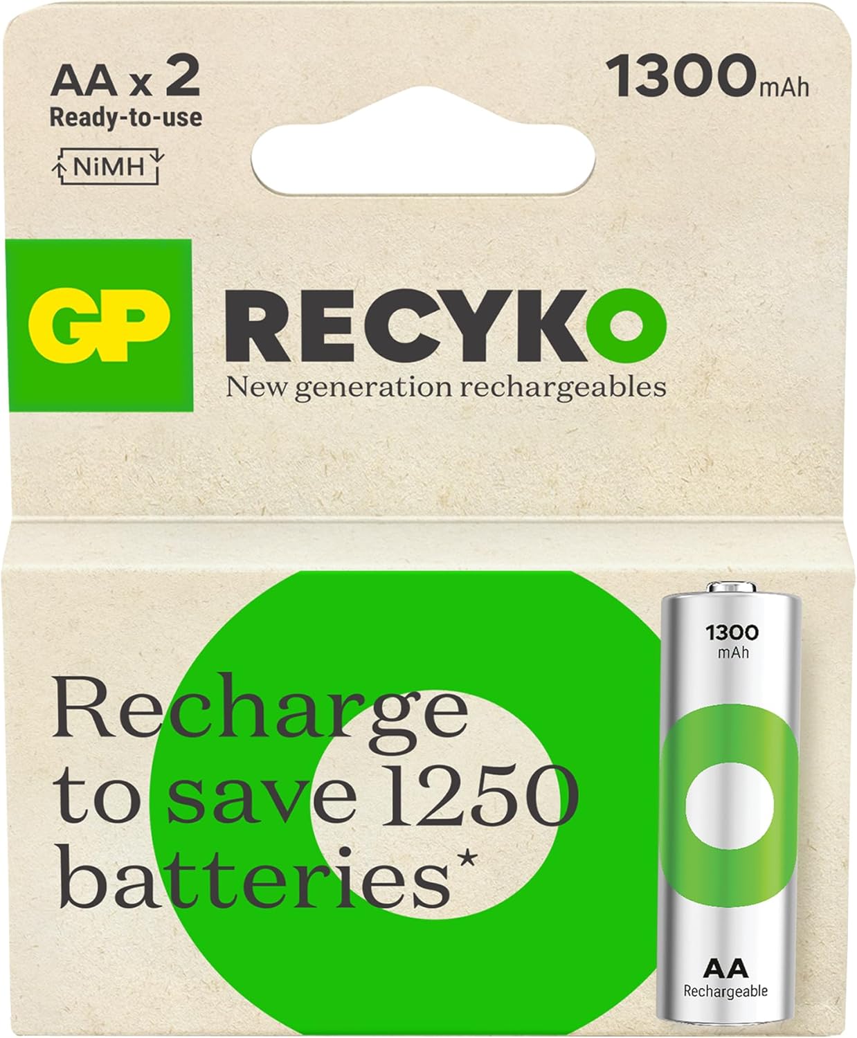 GP Batteries ReCyko 1300 AA Kalem Ni-MH Şarjlı Pil, 1.2 Volt, 2'li Kart