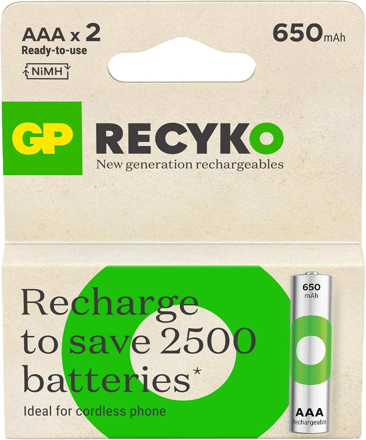 GP Batteries ReCyko 650 AAA İnce Kalem Ni-Mh Şarjlı Pil, 1.2 Volt, 2'li Kart