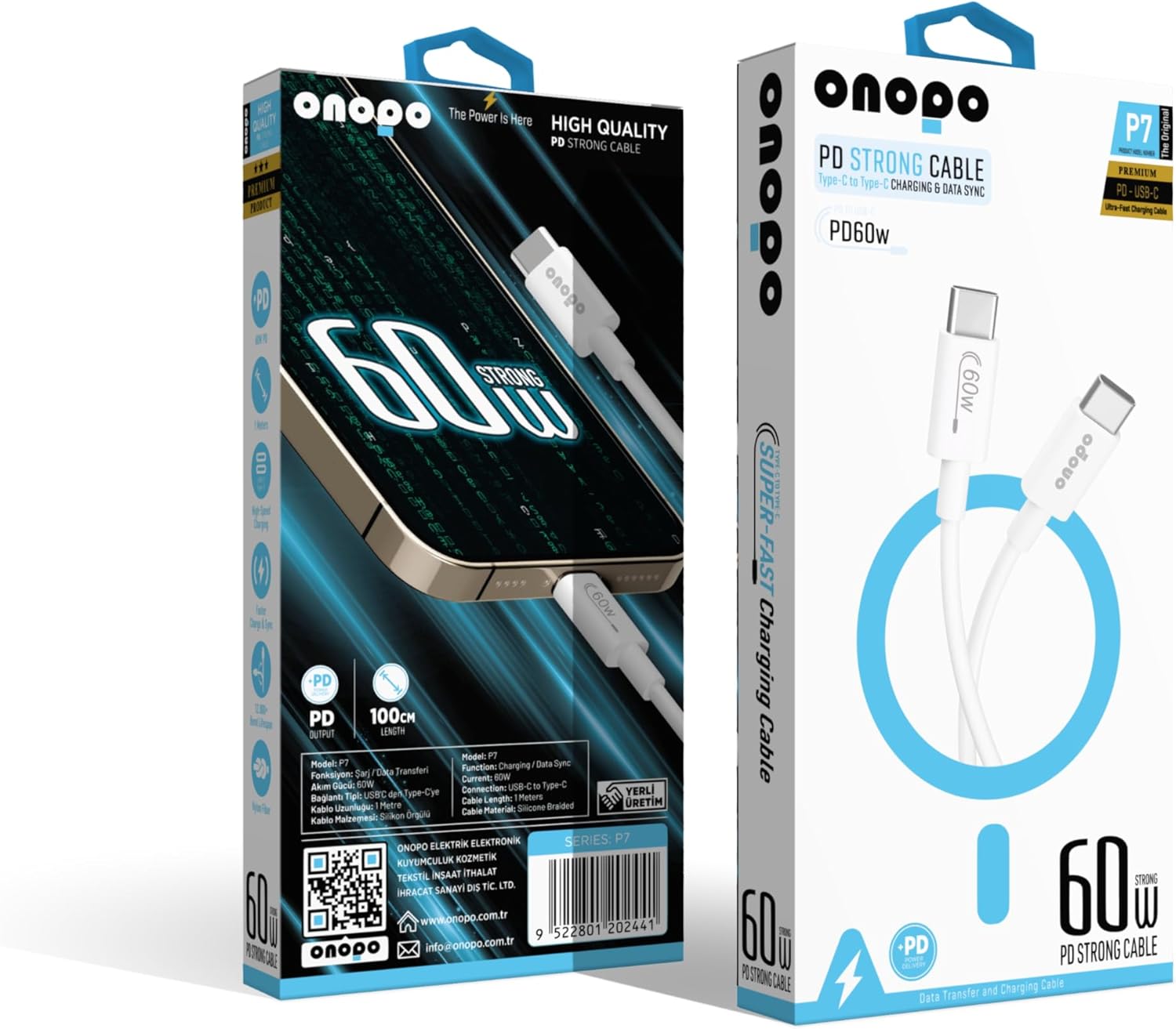 60W PD Type-C to Type-C Hızlı Şarj ve Data Kablosu 1 Metre | Uyumlu | Silikon Örgülü | Model P7