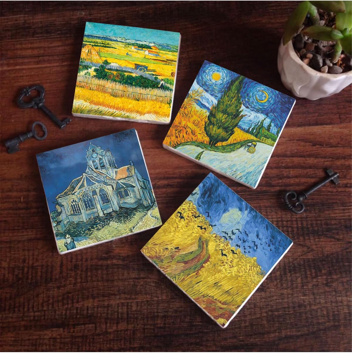 Hasat Manzarası, Yıldızlı Yol, Buğday Tarlası ve Kargalar, Kilise Taş Bardak Altlığı Seti - 4 Parça - Dekoratif, Rustik Mutfak Aksesuarı, 10x10 cm, Kaydırmaz Tabanlı SC225