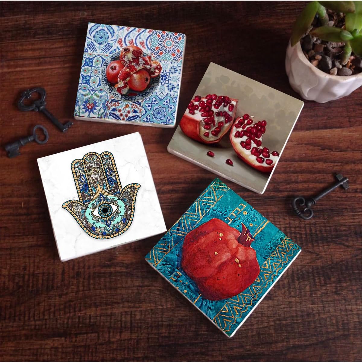 Nar, Fatma Ana Eli  Taş Bardak Altlığı Seti - 4 Parça - Dekoratif, Rustik Mutfak Aksesuarı, 10x10 cm, Kaydırmaz Tabanlı, Şık ve Dayanıklı SC192