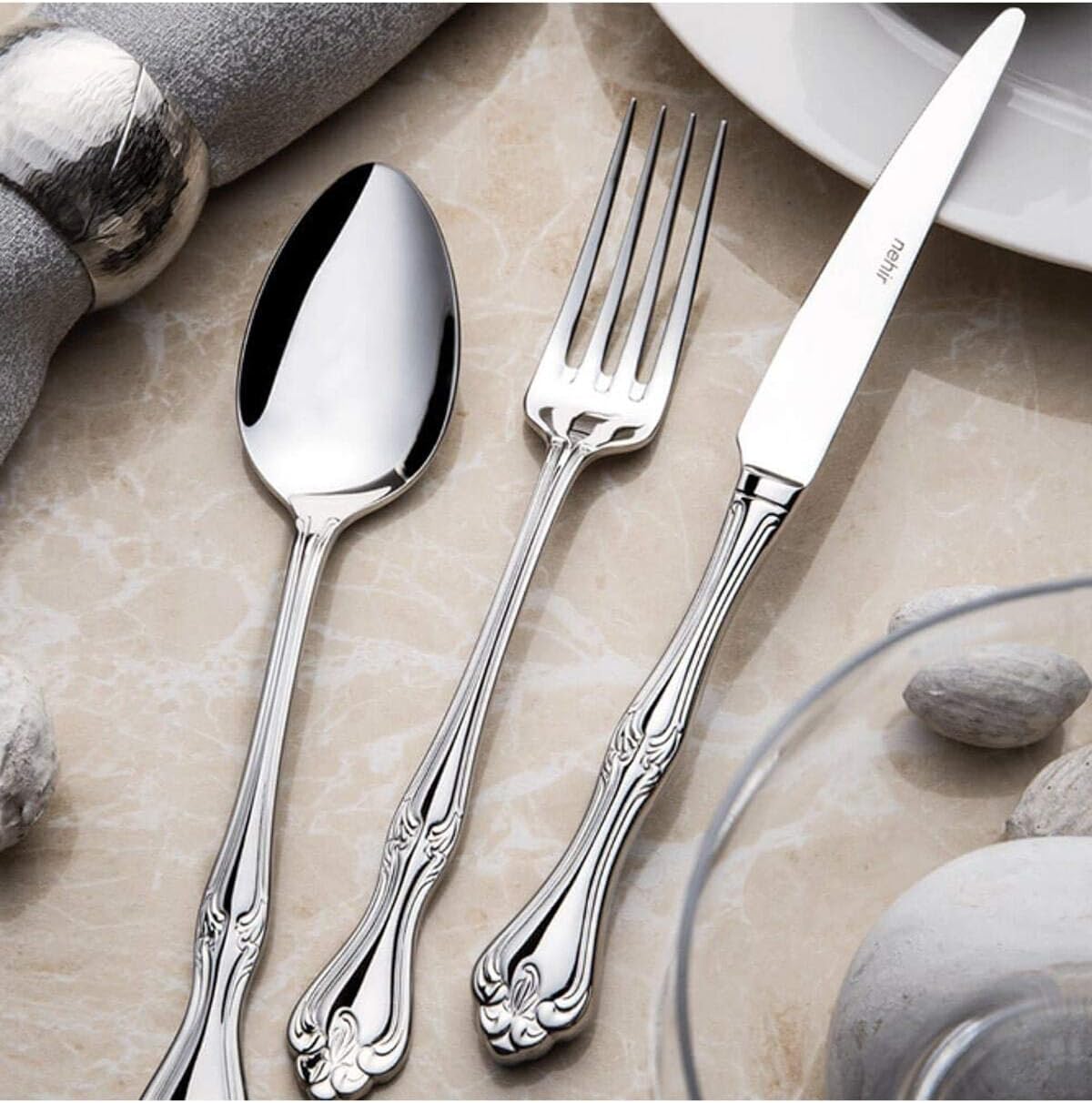 > Sade 12 Kişilik 89 Parça Deri Kutulu Çatal Kaşık Bıçak Takımı