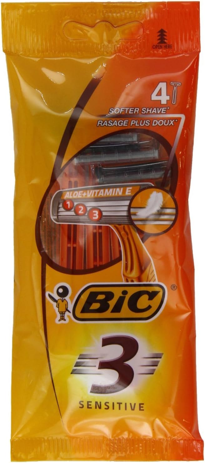 BIC 3 Sensitive Erkek Tıraş Bıçağı 4'lü Poşet (1 x 4 Adet), 3 Bıçaklı, Aloe Vera ile Zenginleştirilmiş Kayganlaştırıcı Jel Şerit