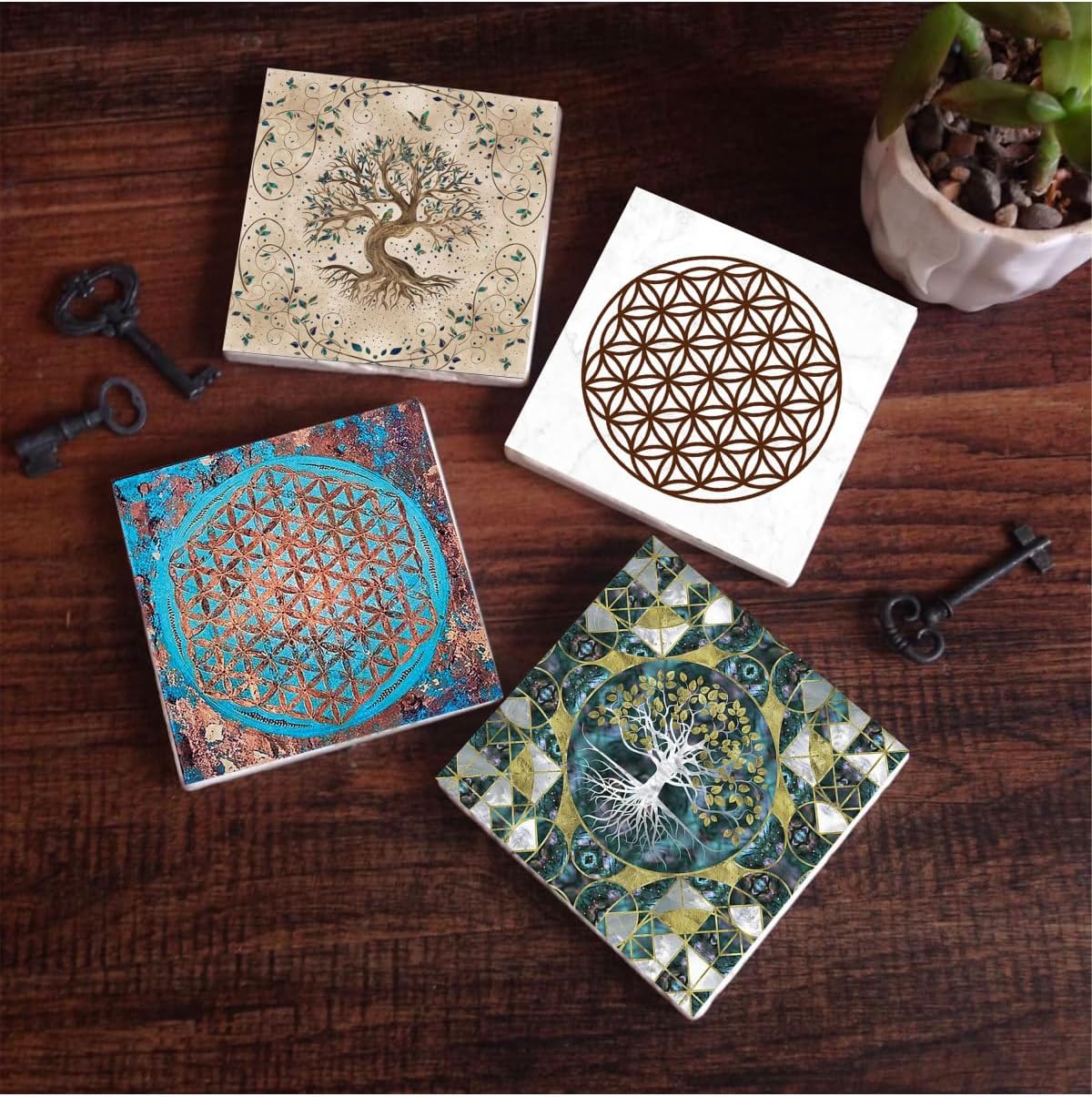 Yaşam Çiçeği, Hayat Ağacı Taş Bardak Altlığı Seti - 4 Parça - Dekoratif, Rustik Mutfak Aksesuarı, 10x10 cm, Kaydırmaz Tabanlı, Şık ve Dayanıklı SC106