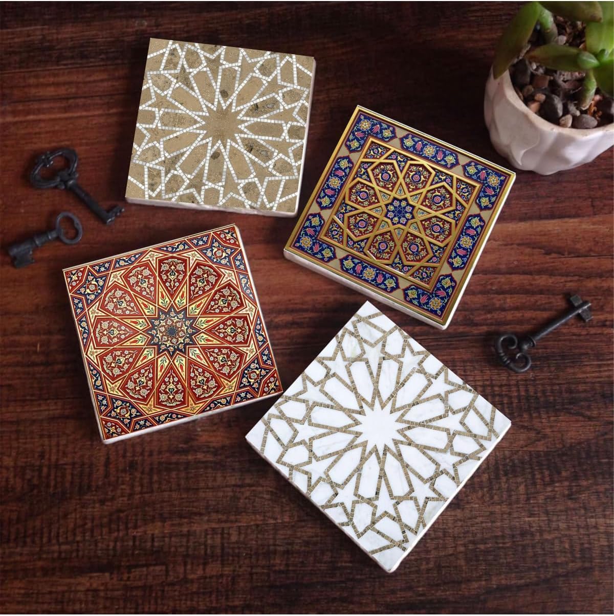 Etnik Desen Taş Bardak Altlığı Seti - 4 Parça - Dekoratif, Rustik Mutfak Aksesuarı, 10x10 cm, Kaydırmaz Tabanlı, Şık ve Dayanıklı SC115