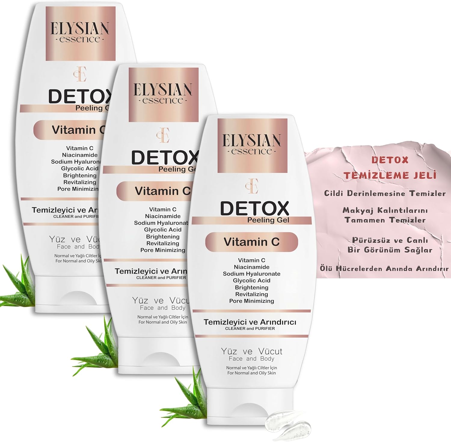 Elysian Essence Detox Peeling Jel 3'lü Set | Ölü Hücre Arındırıcı Temizleme jeli | Yüz Ve Vücut Temizleyici | AHA BHA, Vitamin C, Niacinamide