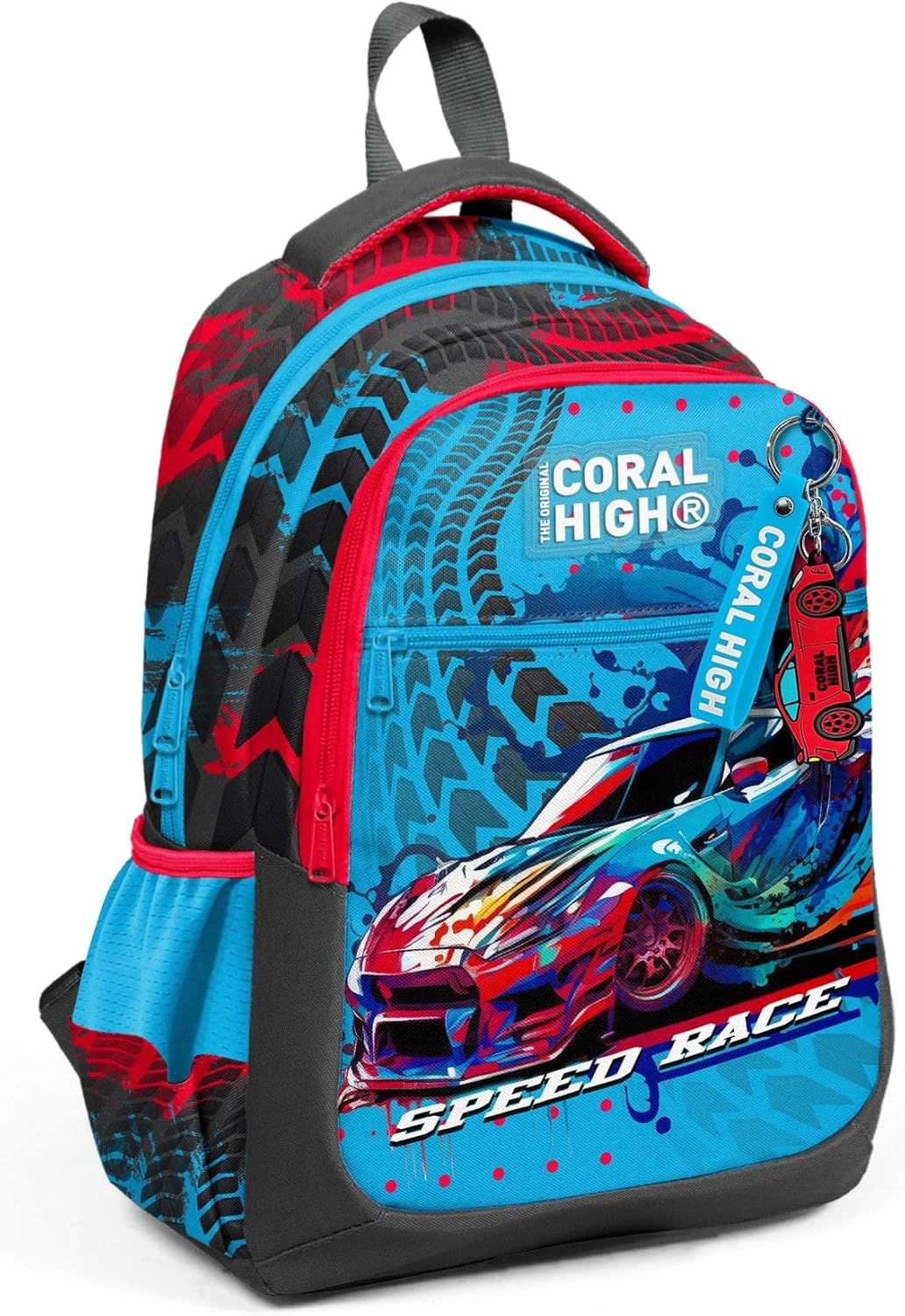 Gri Mavi Yarış Arabası Desenli Erkek Çocuk İlkokul Çantası ve Günlük Sırt Çantası