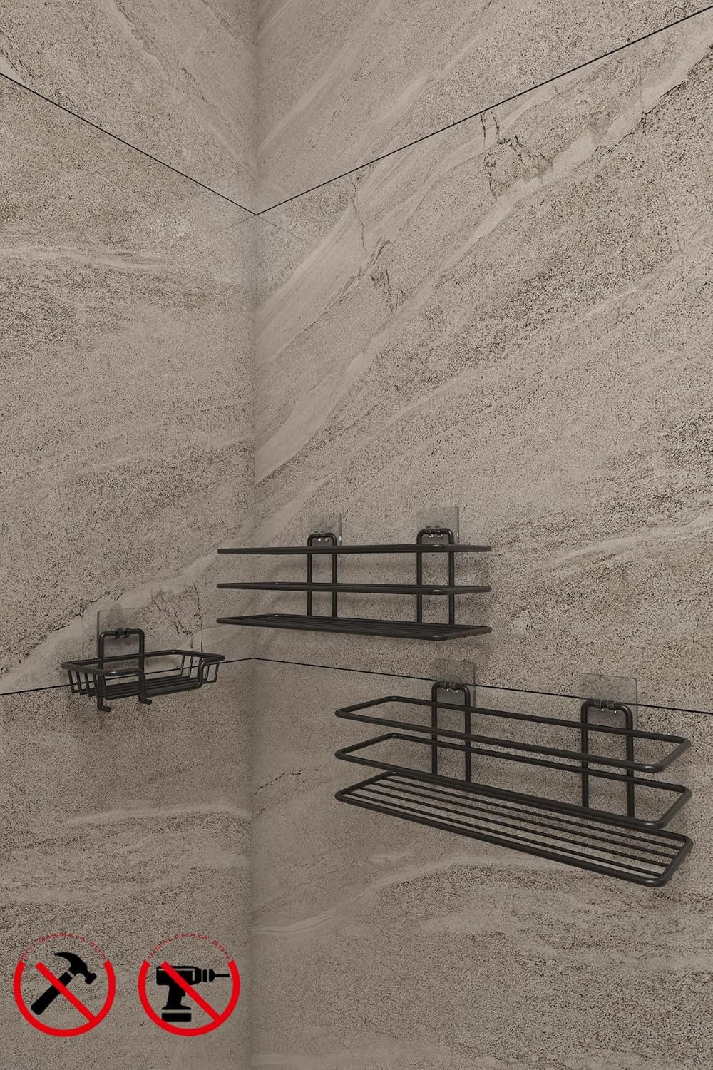 Banyo Yapışkanlı Kancalı Paslanmaz Siyah 2 Adet Düzenleyıcı Rafı Katı Sabunluk ve Bulaşık Süngerlik Seti