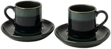 2'lı Seramik Kahve Fincan Takımı | Koyu Yeşil Parlak Sırlı Espresso & Türk Kahvesi Fincanı | Kulplu Tabaklı Servis Seti | Ofis ve Ev Kullanımına Uygun