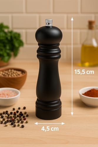 Ahşap Tuz ve Karabiber Öğütücü | 15.5 cm Siyah Bambu Baharat Değirmeni | Ayarlanabilir Seramik Öğütücü Mekanizma | Şık ve Dayanıklı Mutfak Aksesuarı