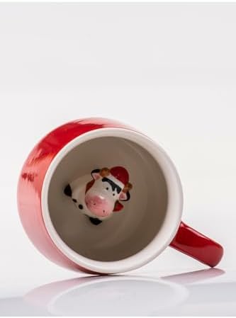 3D Kırmızı Şapkalı Inek Biblo Sürpriz Porselen Kupa - 350 Ml, Şık Ve Eğlenceli Tasarım,Kırmızı