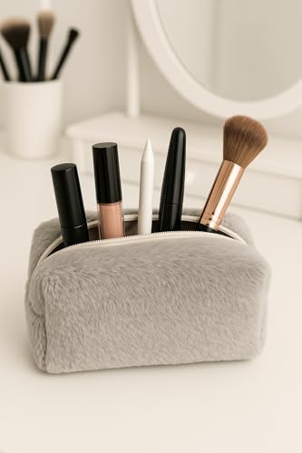 Peluş Yumuşacık Makyaj Çantası - Kozmetik Organizeri (Gri)