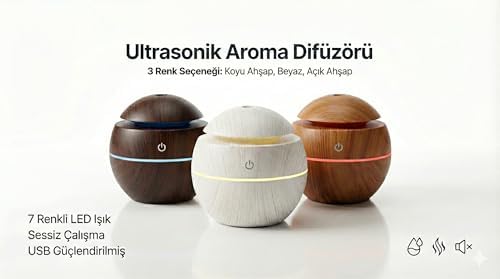 Store Ultrasonik Hava Nemlendirici ve Aroma Difüzörü - 3 Farklı Renk Seçeneği (Beyaz, Açık ve Koyu Ahşap) - Küre Tasarım Buhar Makinesi, LED Işıklı ve Sessiz Oda Kokusu Yayıcı (USB) (BEYAZ)