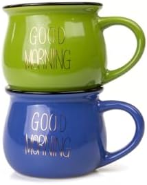 2'Li Görünümlü Renkli Porselen Kupa Seti Good Morning Yazılı 250 Ml,Mavi & Yeşil