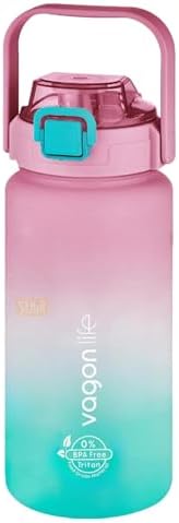 1500ml Pipetli/Pipetsiz Kullanım Kulplu Askılı Çift Renkli Tritan Motivasyon Matarası (Pembe-Mavi)