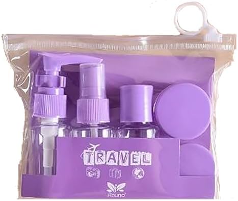 Promosyonca 7 Parça Seyahat Seti, Mor, Sprey ve Pompalı Şişeler, Krem Kapları, Mini Huni, Şeffaf Taşıma Çantalı, Uçak Bagajı Uyumlu, Boş Şişe (Mor)