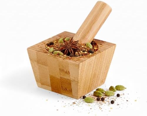 Bambu Havan ve Tokmak Seti, Mutfak Havanı, Baharat ve Sarımsak Öğütücü Ve Döveceği (KARE)